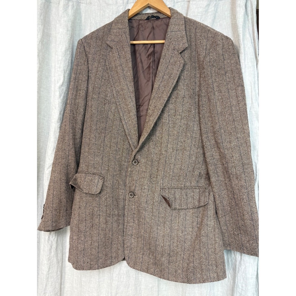 Jordache Vintage Mens 40L Herringbone Blazer Brown Wool Blend Sport Coat Jacket - Picture 2 of 11